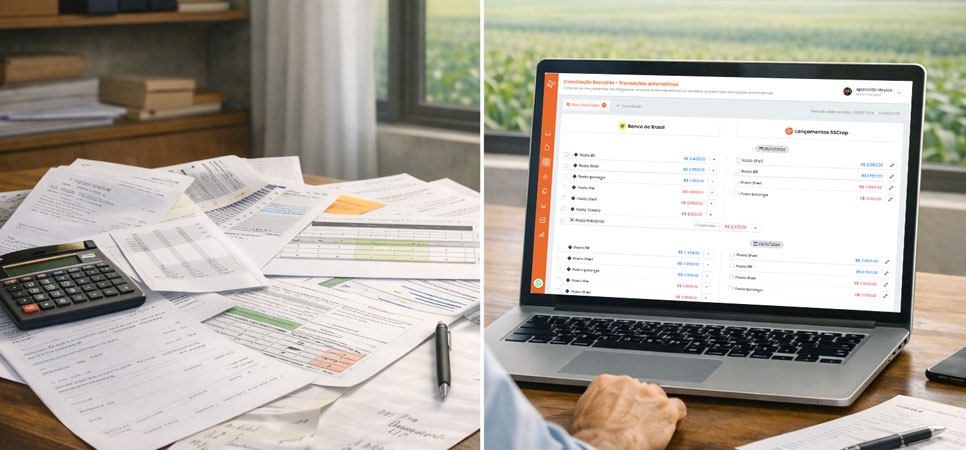 Gestão financeira rural com conciliação bancária ativa, transformando dados em decisões seguras no campo