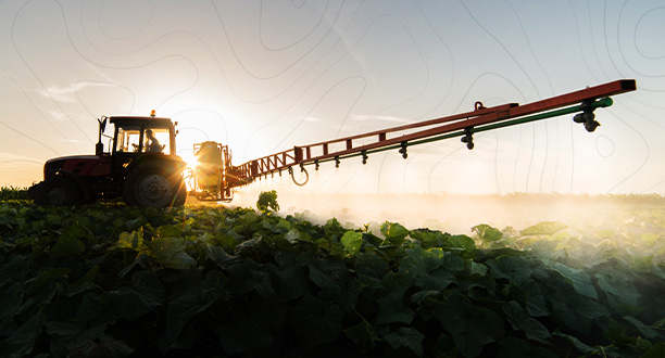 Trator pulverizando defensivos agrícolas sobre a plantação ao amanhecer, ilustrando o Manejo Integrado de Pragas (MIP) para uma produção mais eficiente e sustentável