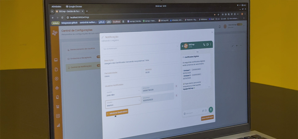 Tela da Central de Notificações do SSCrop exibindo alertas automáticos via WhatsApp para gestão agrícola eficiente