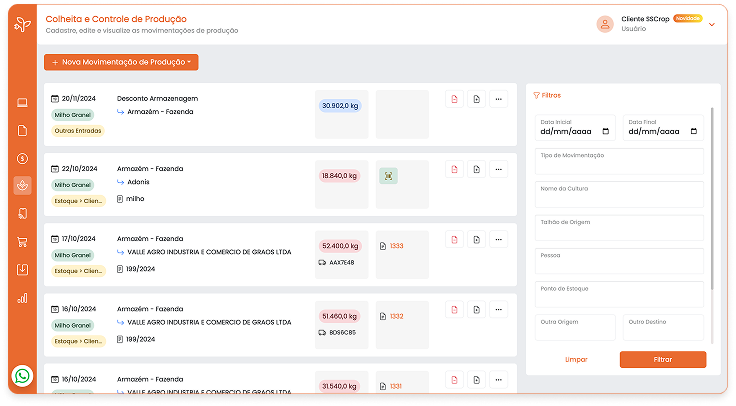 gestão da colheita agrícola, controle de produtividade e emissão de notas fiscais com SSCrop