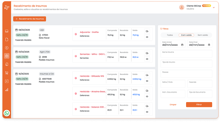gestão de recebimento de insumos e controle de estoque na fazenda