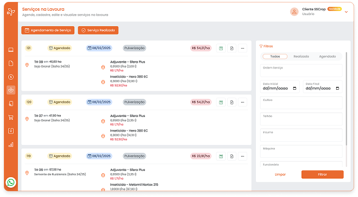 gestão de serviços na lavoura e controle de aplicações agrícolas com SSCrop