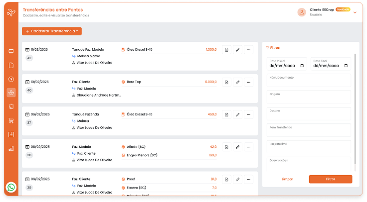gestão de transferências de insumos entre fazenda e armazéns para agricultura eficiente