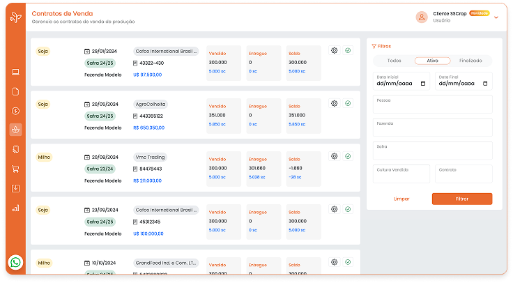 gestão de contratos de venda, controle de entregas e notas fiscais, SSCrop para fazendas