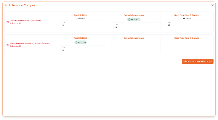 aprovação de compra por fornecedor e item no SSCrop, controle de compras agrícolas
