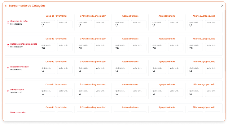 cotação de vários fornecedores no SSCrop, processo de compras agrícolas para fazendas