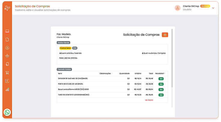 relatório completo de solicitação de compras, cotação de fornecedores e conferência de compras agrícolas