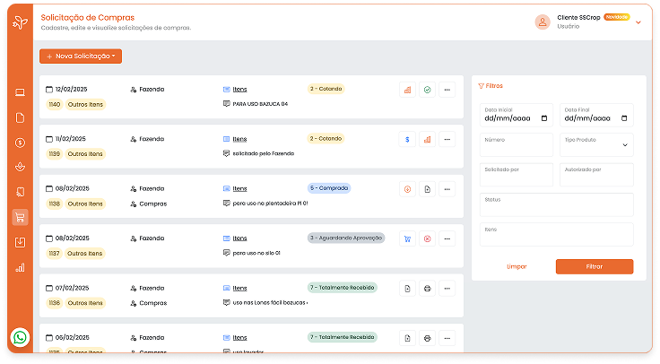 solicitação de insumos e combustíveis no SSCrop, controle de compras e almoxarifado para fazendas