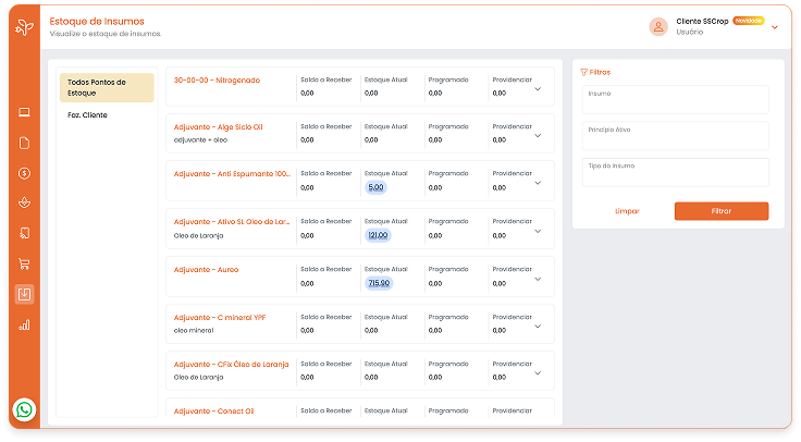 gestão de estoques de insumos agrícolas, controle de entradas e aplicações, custos de produção rural