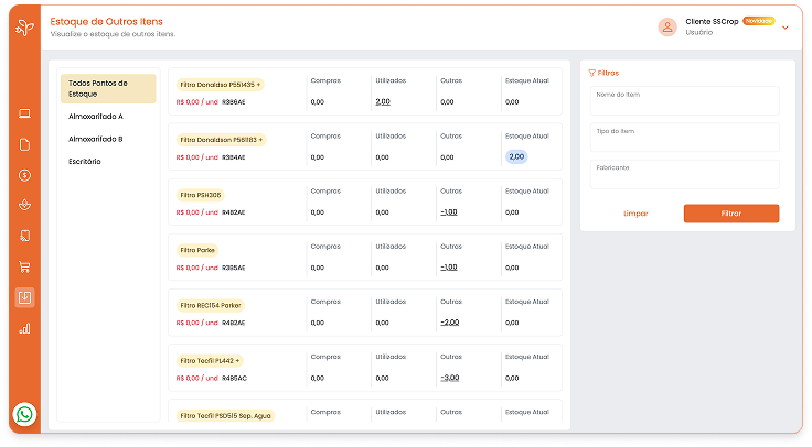 gestão de almoxarifado agrícola, controle de itens de fazenda com SSCrop