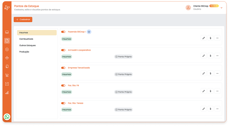 gestão de múltiplos pontos de estoque na agricultura, controle de movimentação de produção SSCrop