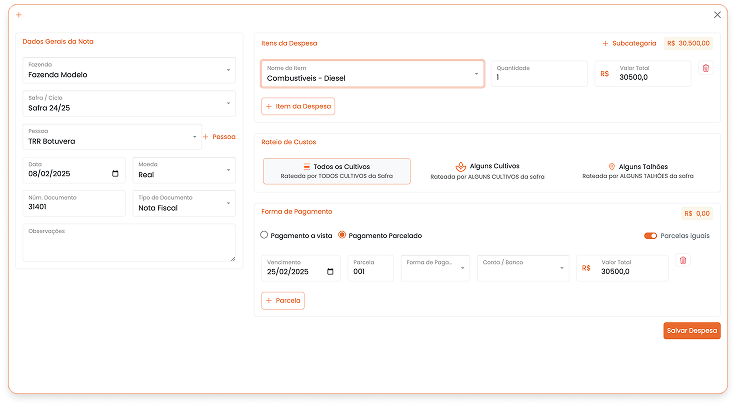 importação automática de notas fiscais, gestão de despesas agrícolas, importação para financeiro SSCrop, lançamento financeiro com um clique