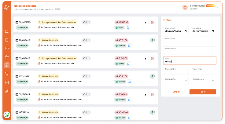 pesquisa de notas fiscais por item, consulta de notas fiscais, pesquisa por item SSCrop, garantia de itens agrícolas