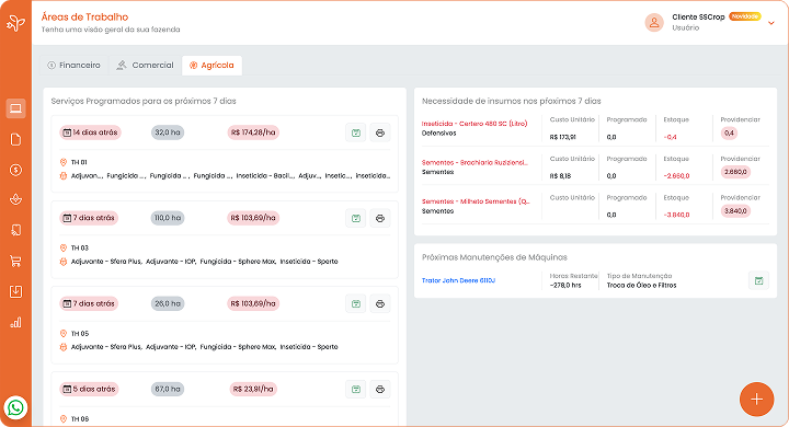 Dashboard agrícola do SSCrop, contendo as principais informações necessárias para a gestão da propriedade rural, como aplicações de insumos, serviços na lavoura, estoques, manutenções de máquinas, custos, entre outros.