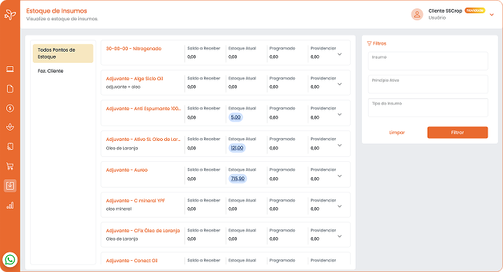 Sistema para gestão de estoques de insumos, almoxarifado e produção para fazendas e propriedades rurais.